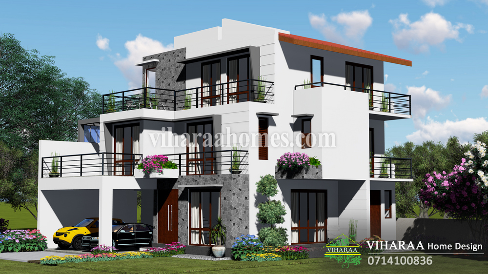 Viharaa Home Design - Three Story Home Plan and 3D Design - Kiriwanthuduwa, Sri Lanka